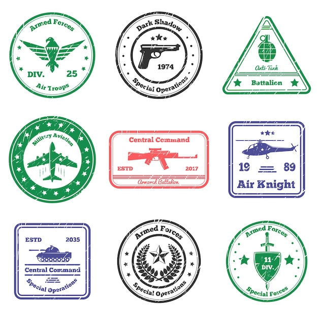 Military grunge stamps collection of nine flat postal stamps with text captions signs and weapon symbols