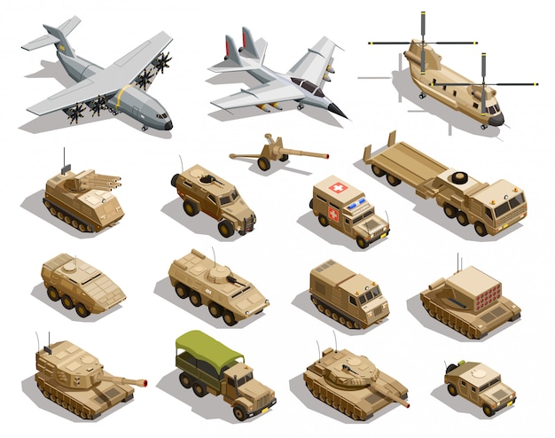 Military Transport Isometric icon set 