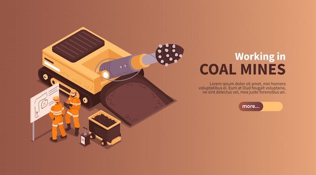 Free Vector mine isometric banner composition with slider more button editable text and human characters of coal miners  illustration