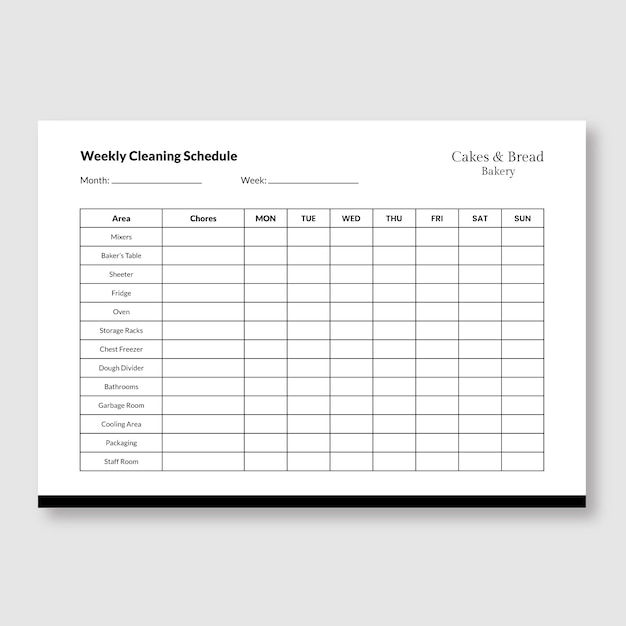 Minimalist cakes and bread bakery weekly cleaning schedule