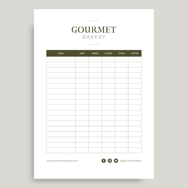 Minimalist gourmet bakery inventory checklist