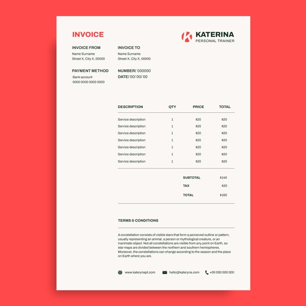 Minimalist kateryna personal trainer invoice template