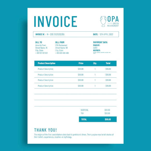 Minimalist opa greek restaurant invoice