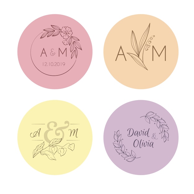 Minimalist wedding monograms in pastel colors collection