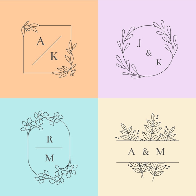 Minimalist wedding monograms in pastel colors collection