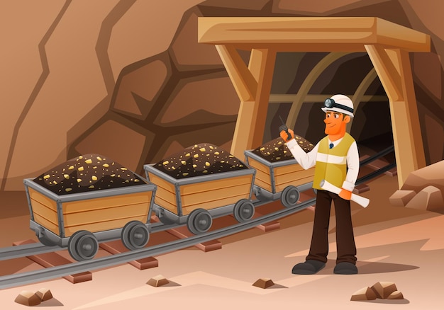 Free Vector mining miner cartoon composition with view of entrance with character of engineer and carts on rails vector illustration