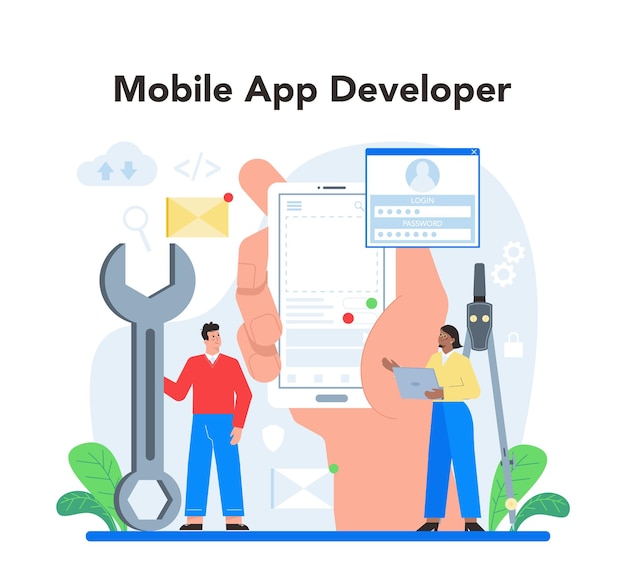 Mobile app development concept Modern technology and smartphone interface design Application building and programming Vector flat illustration