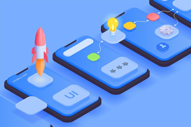 Mobile app development isometric background with composition of smartphone screens with 3d app icons and connections vector illustration