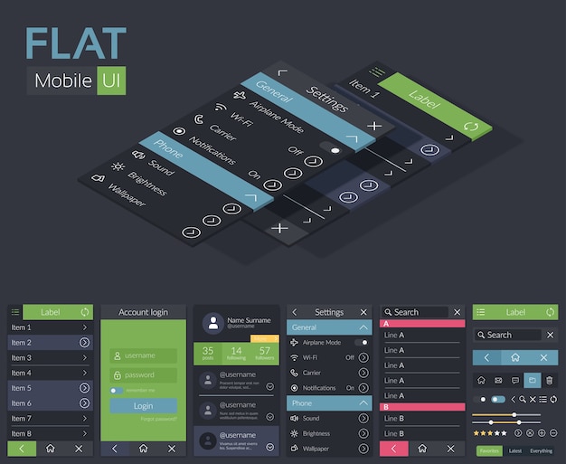 Free Vector mobile flat ui design template with different screens icons buttons and elements for mobile application