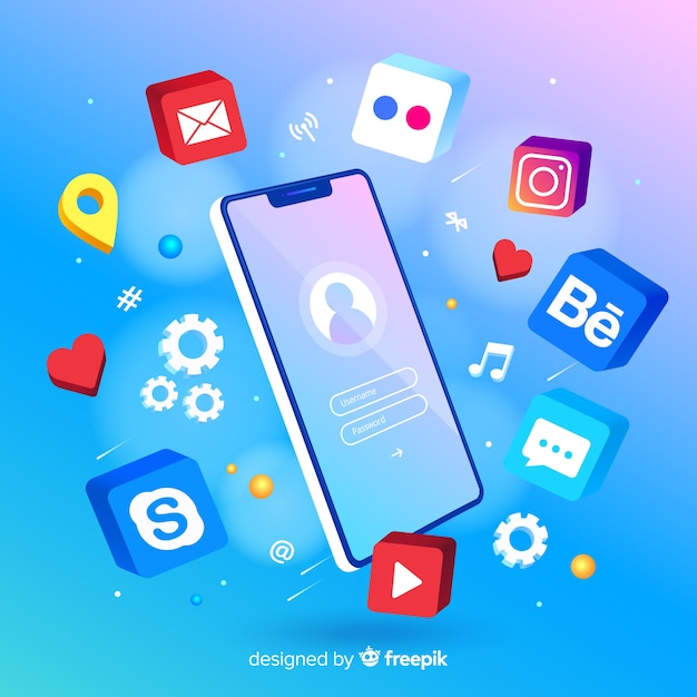 Free vector mobile phone surrounded by colorful app icons