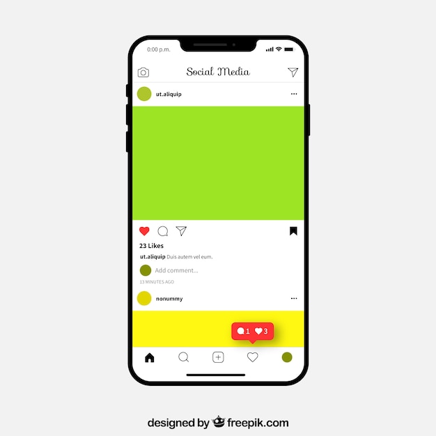 Free Vector mobile phone with instagram post template and notifications