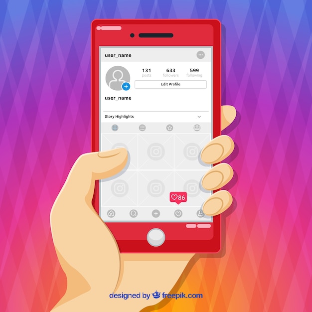 Free vector mobile phone with instagram post template and notifications