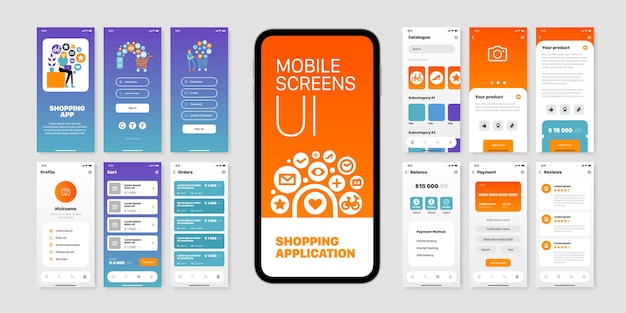 Free Vector mobile screens set with user interface of shopping application isolated flat 