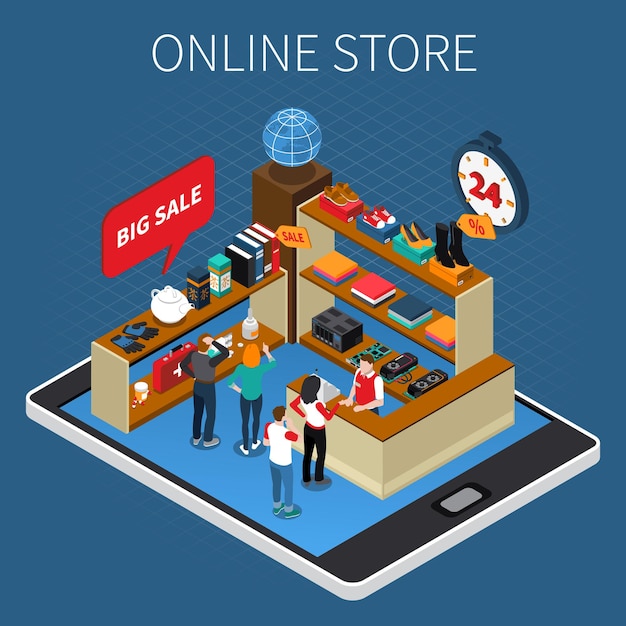 Mobile shopping e-commerce isometric composition with online store big sale event on tablet screen