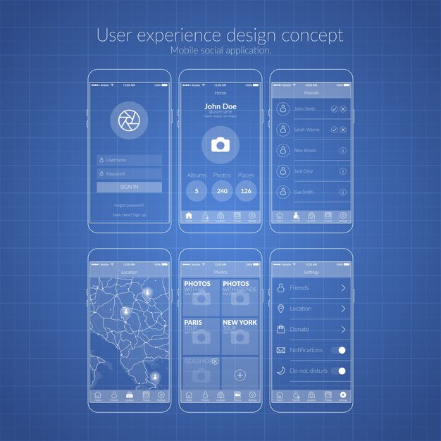 Mobile social application user experience design concept in blue color flat illustration