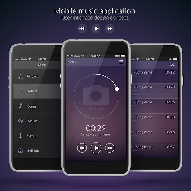 Free Vector mobile user interface design concept with icons and web elements for music application isolated vector illustration