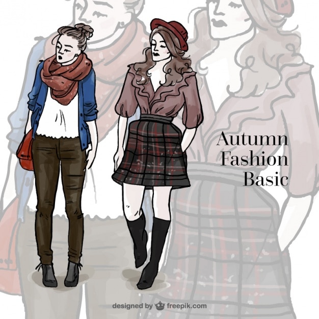 Models with hand-drawn autumnal casual clothing 