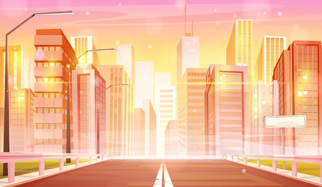 Free vector modern city highway in lights of morning sunrise