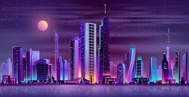 Modern city night landscape neon cartoon