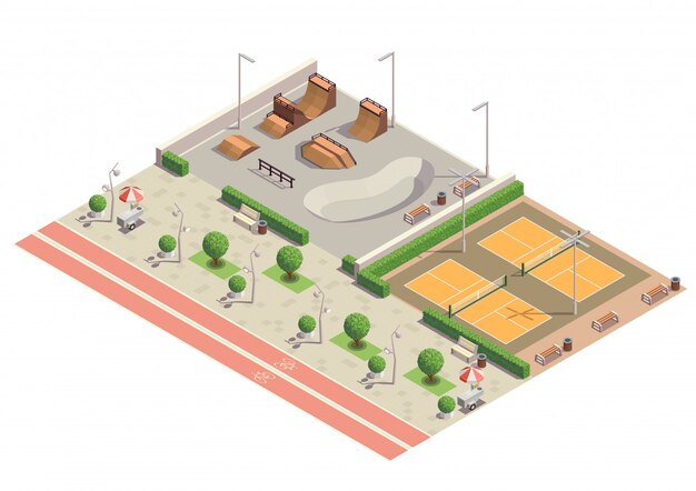 Modern city park recreational sport environment for skateboarding inline skating cycling playing tennis isometric composition 