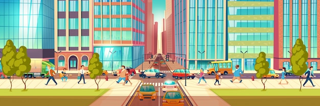 Free vector modern city street at hour rush cartoon vector concept. people hurrying in business, townsfolk walking sidewalk, pedestrians passing crossroads, cars ride on road, stuck in traffic jam illustration