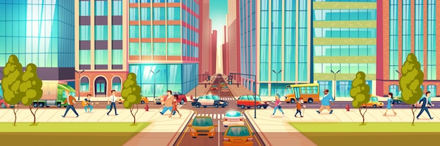 Free Vector modern city street at hour rush cartoon vector concept. people hurrying in business, townsfolk walking sidewalk, pedestrians passing crossroads, cars ride on road, stuck in traffic jam illustration