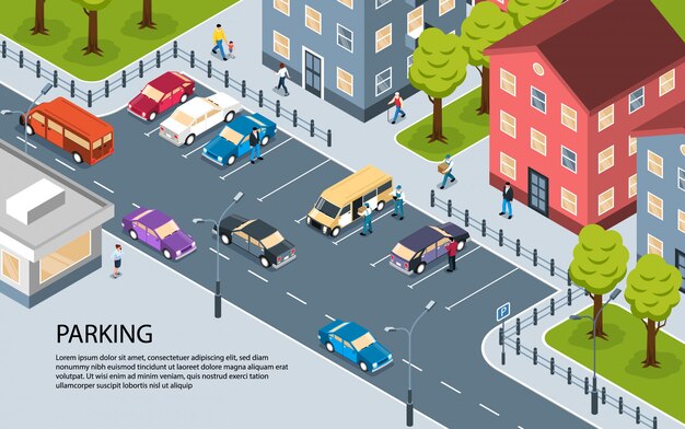 Modern city town residential area apartment district parking lot isometric view poster with informative text