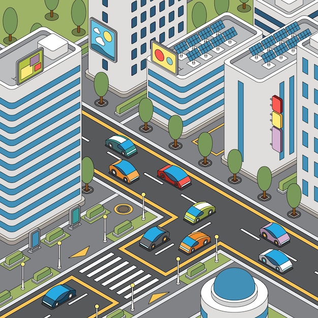 Free vector modern city view with moving cars, solar panels and tall buildings illustration
