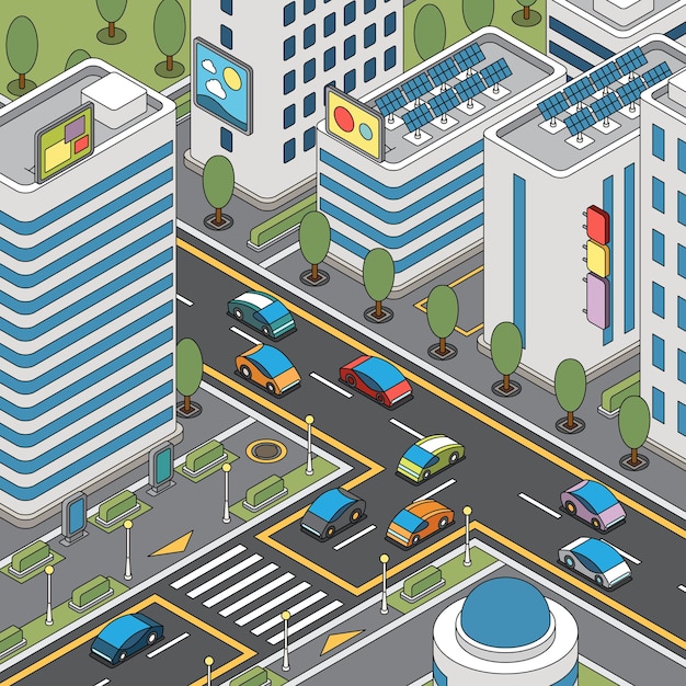 Free Vector modern city view with moving cars, solar panels and tall buildings illustration