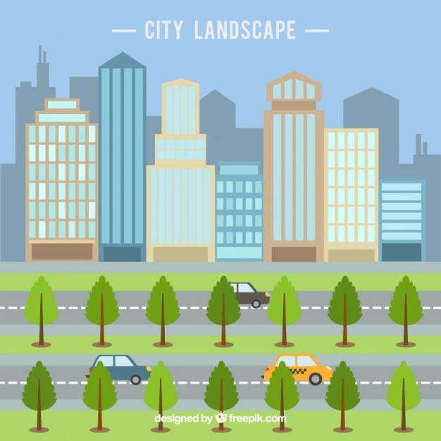 Free vector modern city with skyscrapers in flat design background