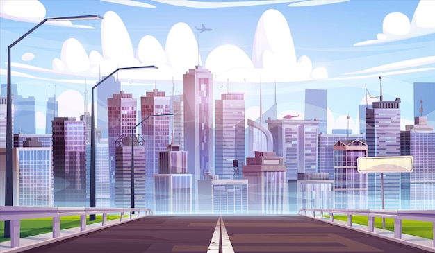 Modern cityscape with highway and plane in sky Vector cartoon illustration of futuristic urban landscape helicopter on roof of skyscraper apartment houses and office buildings clouds in blue sky