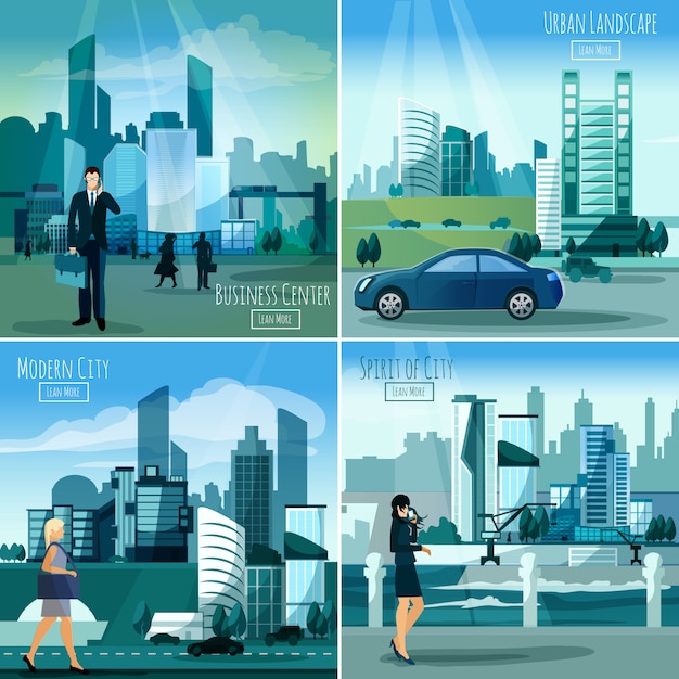 Free Vector modern cityscapes 4 flat icons square 