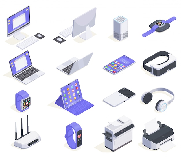 Modern devices isometric icons collection with sixteen isolated images of computers periphereals and various consumer electronics  illustration