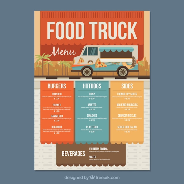 Free Vector modern food truck menu with colorful style 