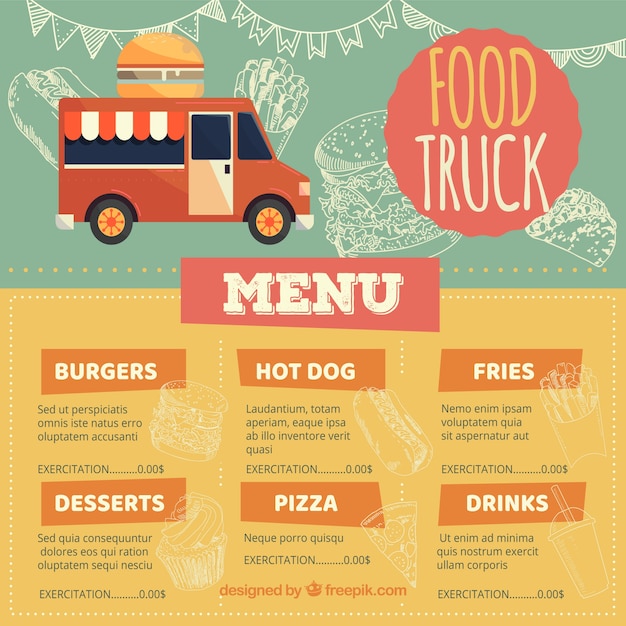 Free Vector modern food truck menu with fast food