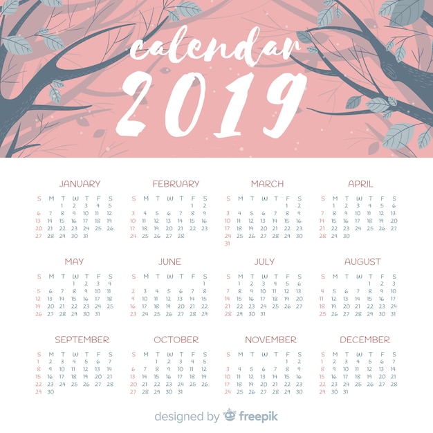 Free Vector modern hand drawn 2019 calendar template