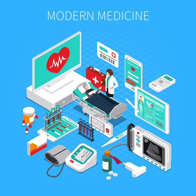 Modern medicine isometric composition with doctor and patient medical devices