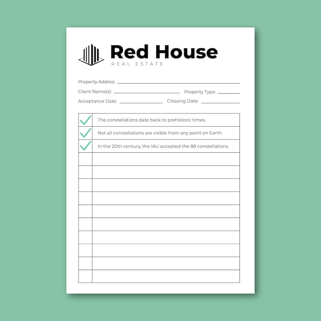 Modern redhouse real estate check list