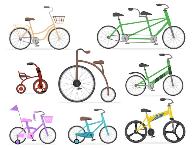 Free vector modern and retro bicycles flat set for web design. cartoon drawing old cycles and cute bikes in bright colors isolated vector illustration collection. transport, cycling and race concept