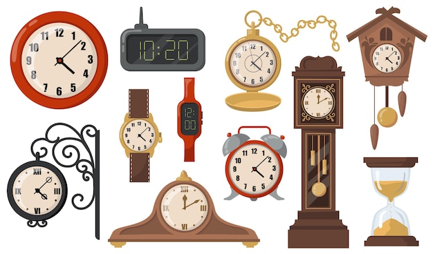 Free vector modern or retro mechanical and electronic clocks flat item set