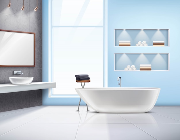 Free Vector modern spacious sunlit bathroom interior realistic design with white bath sink accessories and big w