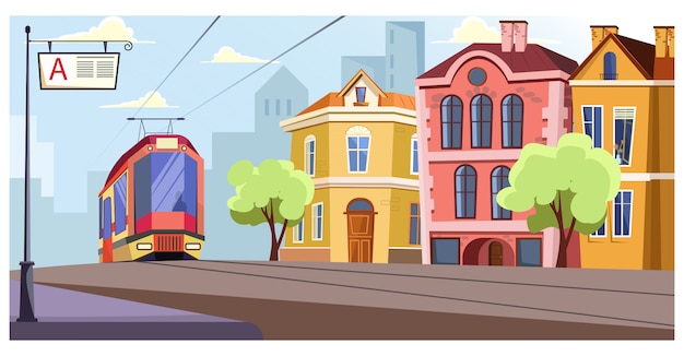 Free Vector modern tram running on rails in city illustration