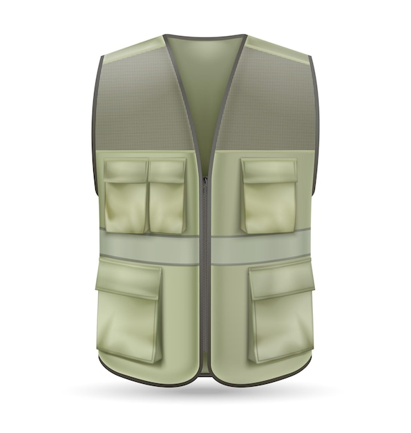 Free vector modern vest with many pockets realistic mockup in khaki color isolated on white background vector illustration