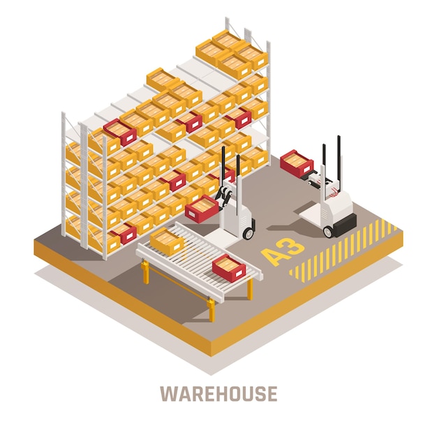 Free Vector modern warehouse with remotely operated forklift loaders isometric illustration