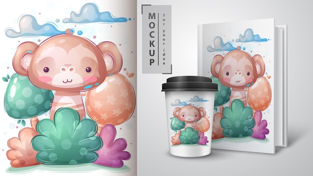 Monkey in bush poster and merchandising Vector eps 10