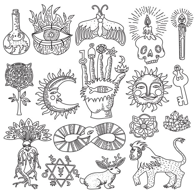 Monochrome doodle set of trendy magic tattoo designs isolated