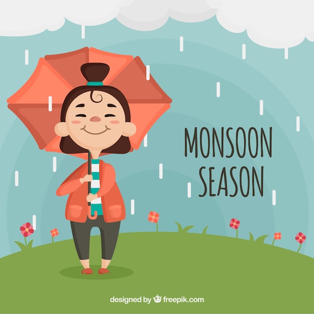 Free vector monsoon season background with girl