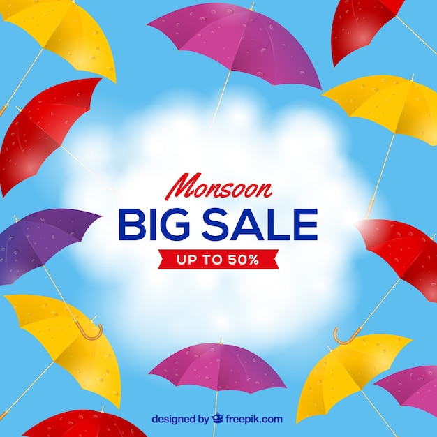 Monsoon season sale background with colorful umbrellas