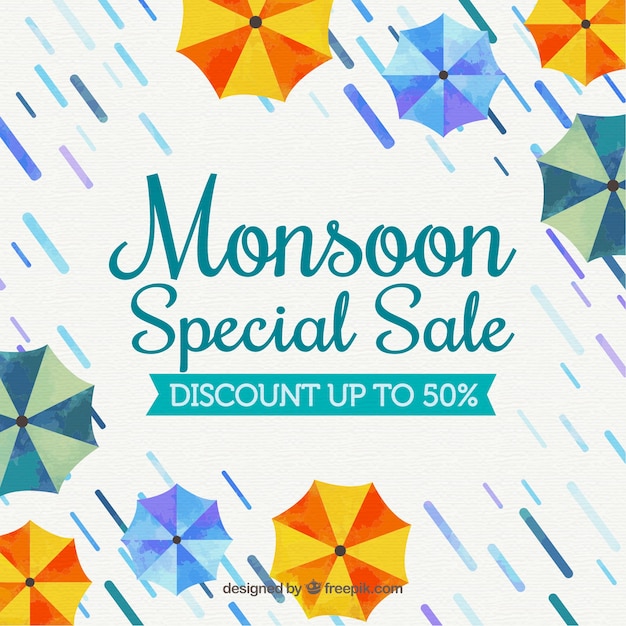 Free Vector monsoon season sale background with umbrellas