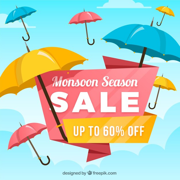 Monsoon season sale background with umbrellas